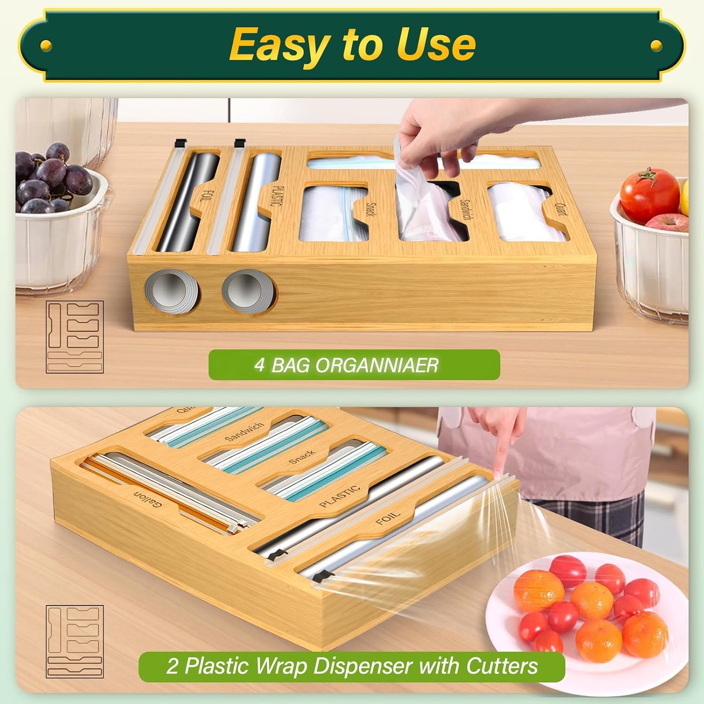 Organiseur 6 en 1 pour papier aluminium et film plastique en bambou pour tiroir de cuisine