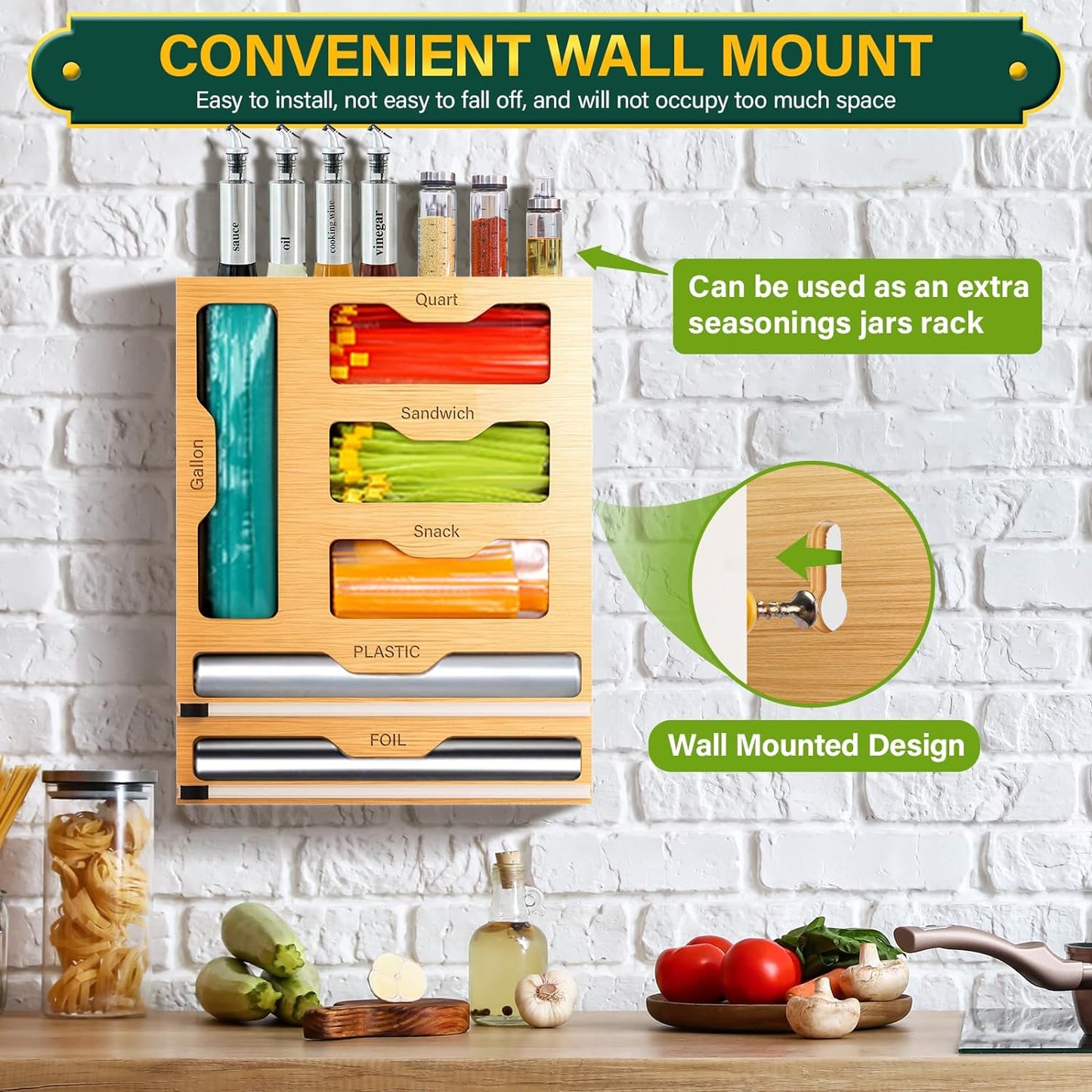Organiseur 6 en 1 pour papier aluminium et film plastique en bambou pour tiroir de cuisine