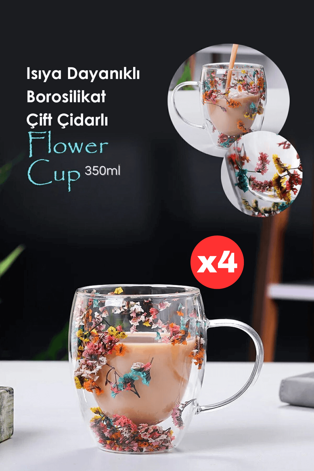 Adoptez ces tasses en verre borosilicate double paroi au décor floral délicat ! Parfaites pour préserver la température de vos boissons (café, thé, cocktails) sans condensation. Avec leur capacité de 350ml et leur pack de 4, elles subliment les tables à manger, les bureaux ou les cadeaux. Résistantes au lave-vaisselle et aux chocs thermiques, alliant esthétique et durabilité !